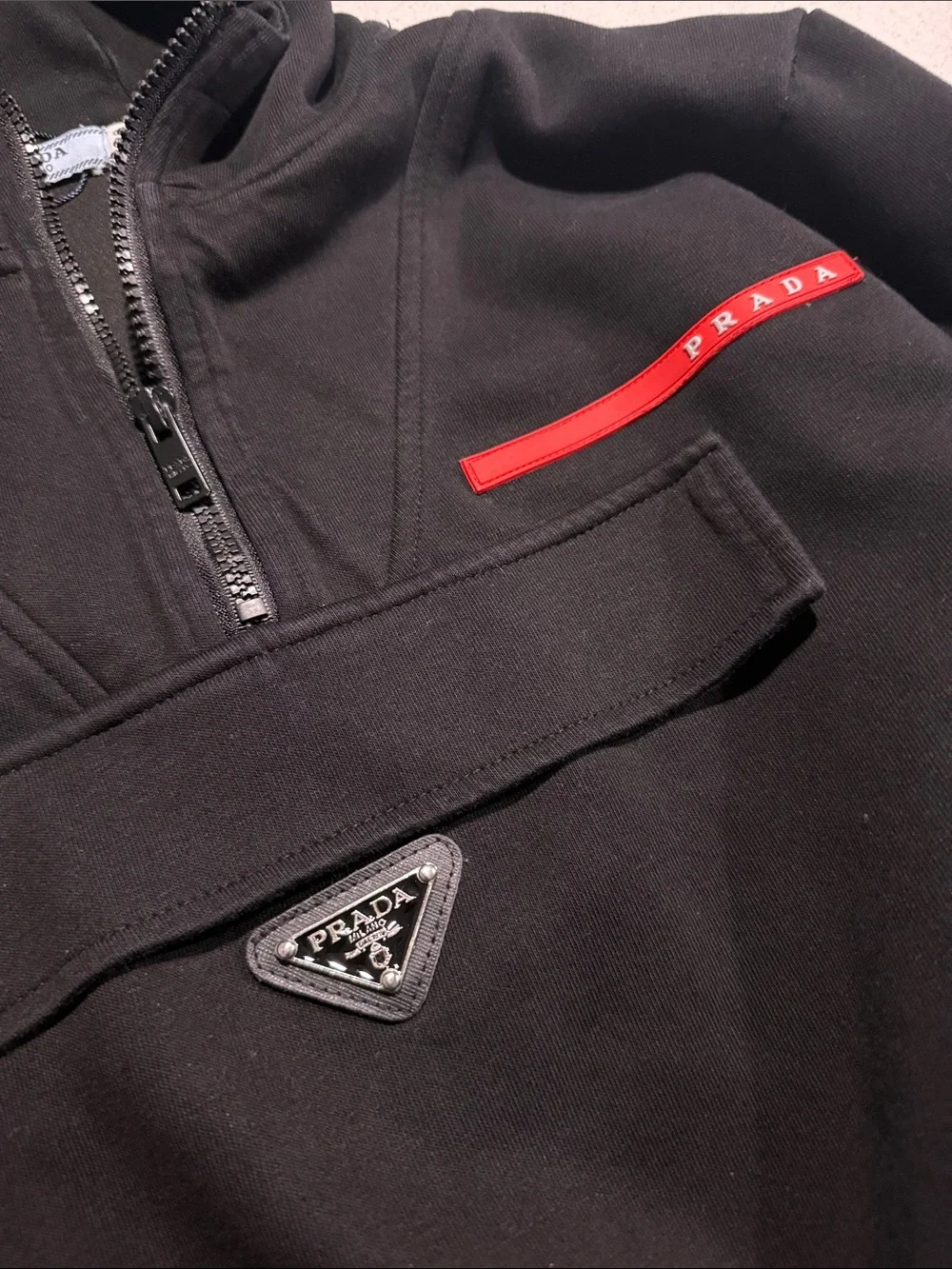Prada Kids Quarter-zip Black Hoodie with Red Stripe Detail